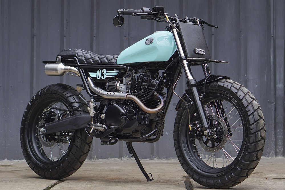 studio photo of custom Kawasaki W175 Scrambler