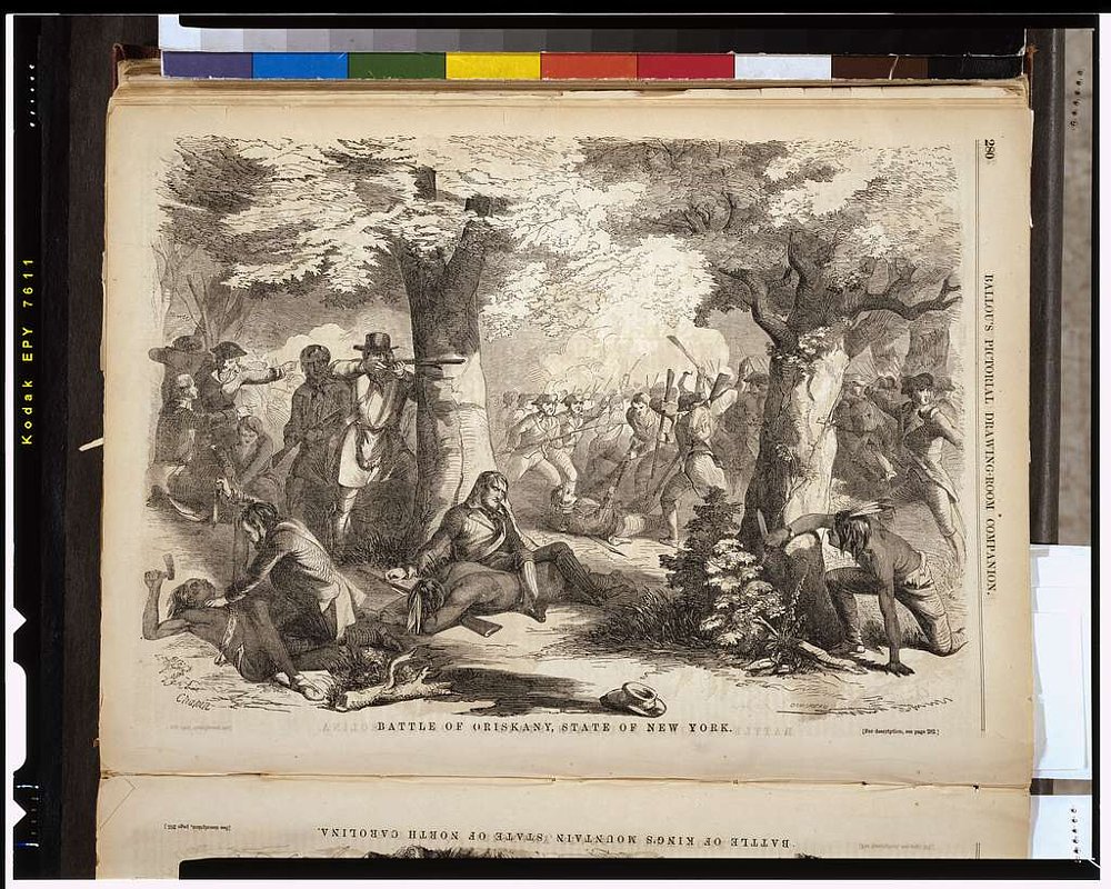 an old black and white drawing of the battle that includes landscape and soldiers in battle