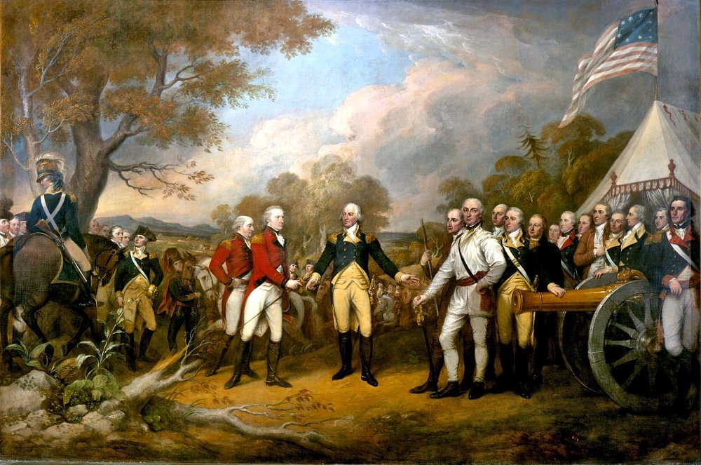 an oil painting of George Washington and his troops claiming victory in Saratoga