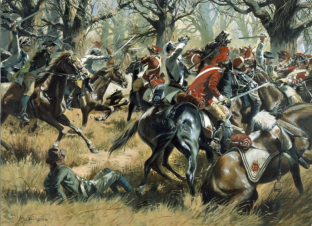 this oil painting depicts the scenes at cowpens battle, it is a flurry of horses, soldiers, in tight woods