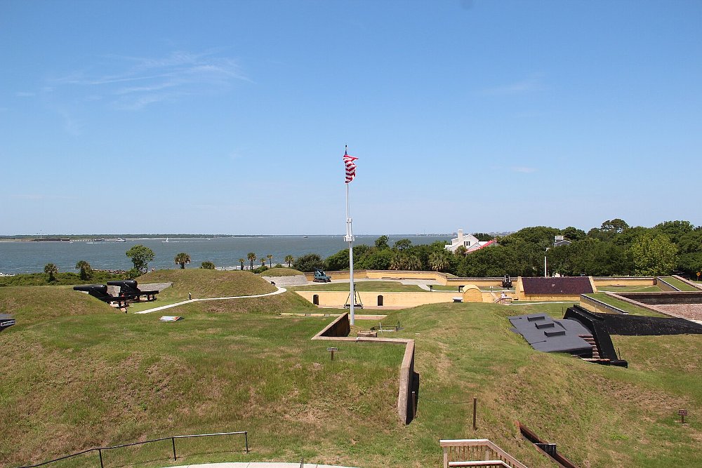 A photo of the fort with blue skies and Atlantic ocean in the background
