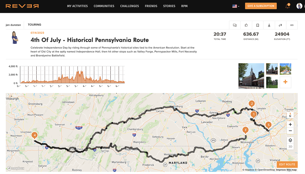 A screenshot of the REVER map route for the Pennslyvania ride