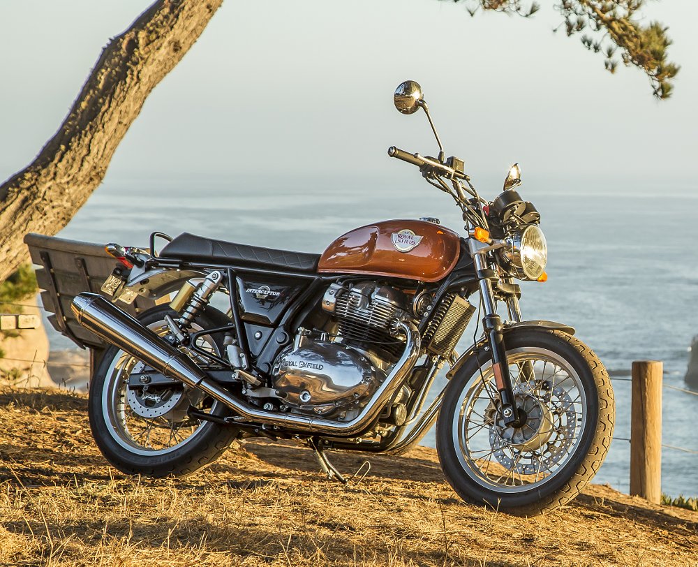 Royal Enfield Interceptor 650 parked on a bluff overlooking the ocean