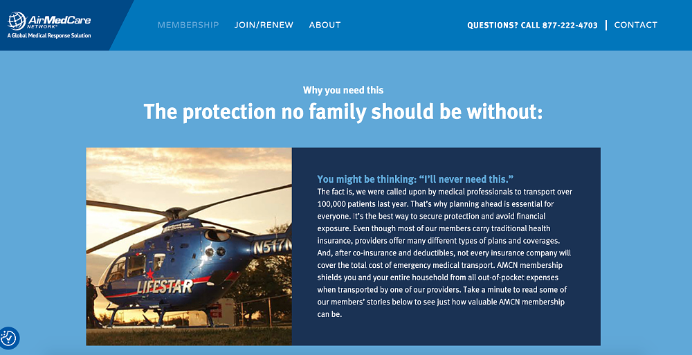 A website graphic advertising air ambulance insurance policies