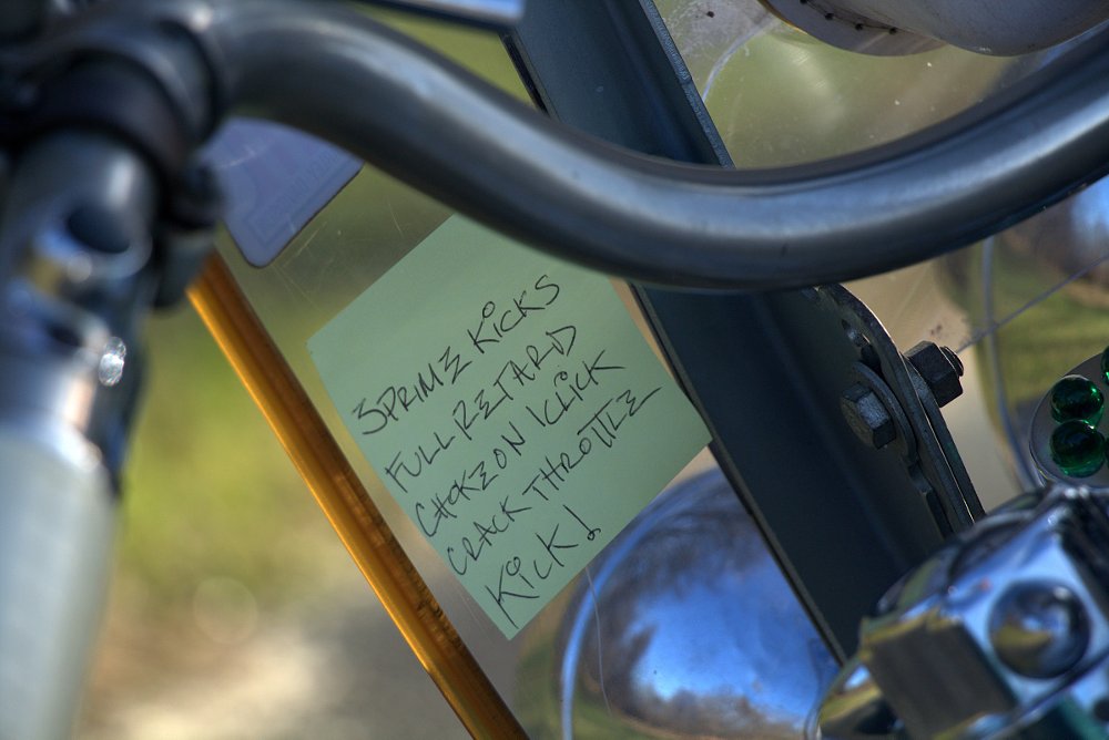 written instructions taped to windscreen on how to start the Duo-Glide