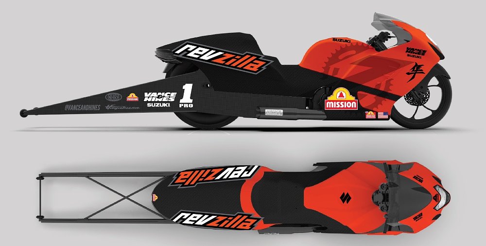 illustration of the drag race bike with RevZilla logo