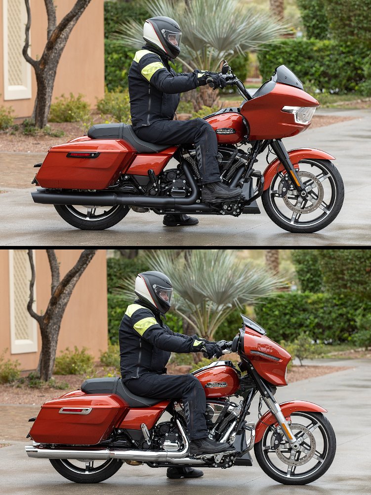 two photos of a rider sitting on a Street Glide and Road Glide for comparison