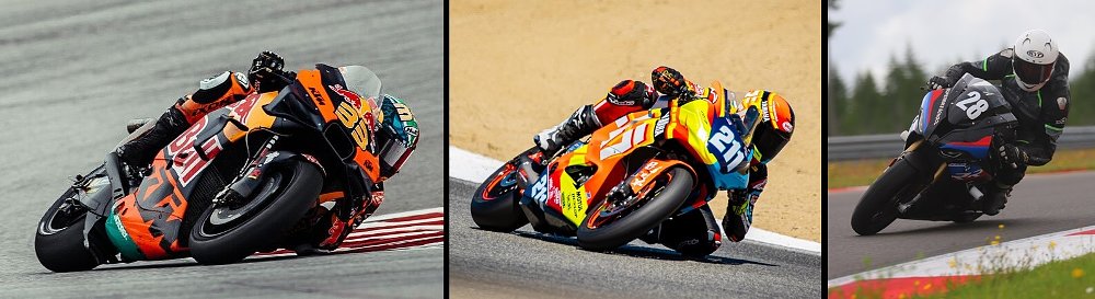 three riders at different lean angles on motorcycles on the track
