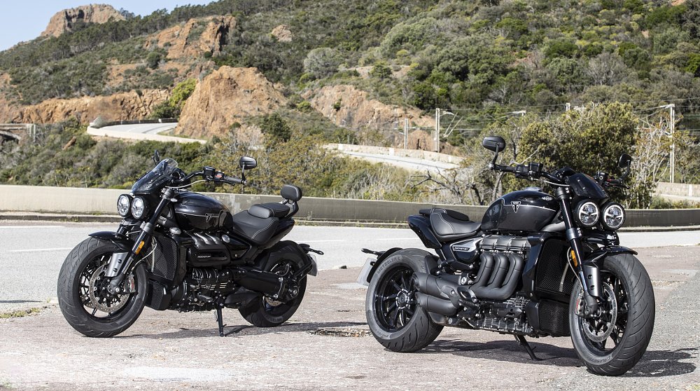 two Rocket 3 models parked along a curvy road