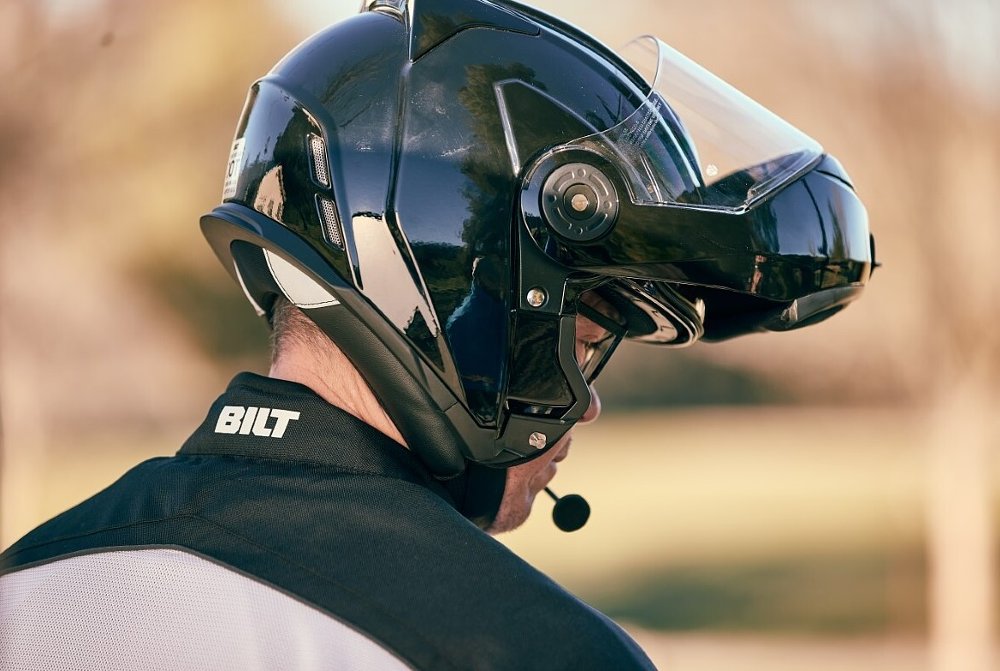 man wearing a BILT Techno 3.0 Modular Sena Bluetooth helmet