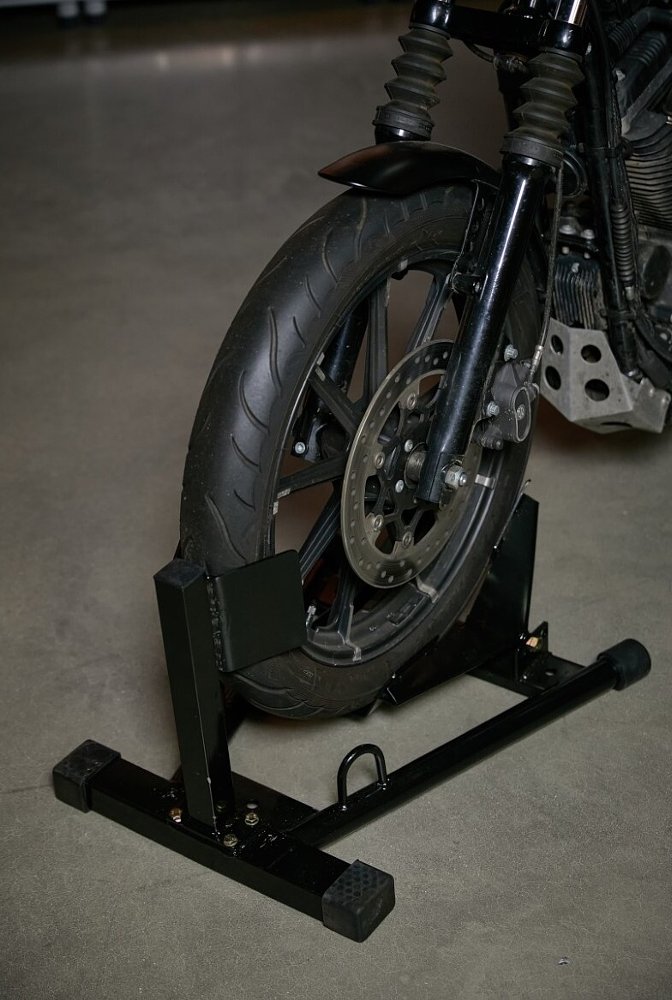 motorcycle front wheel on wheel chock