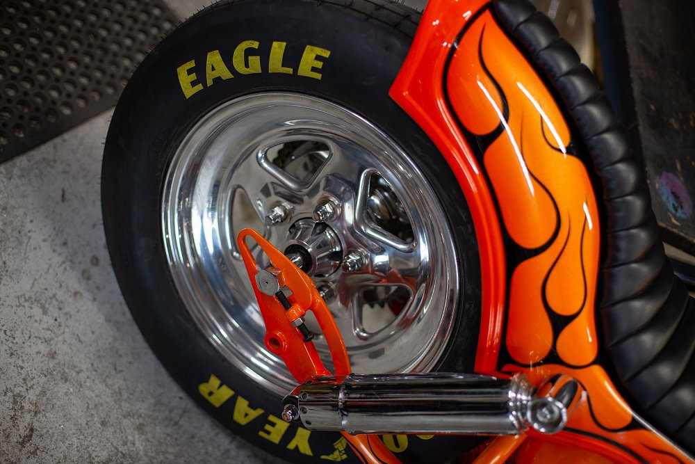 tail sections and rear tire of the custom