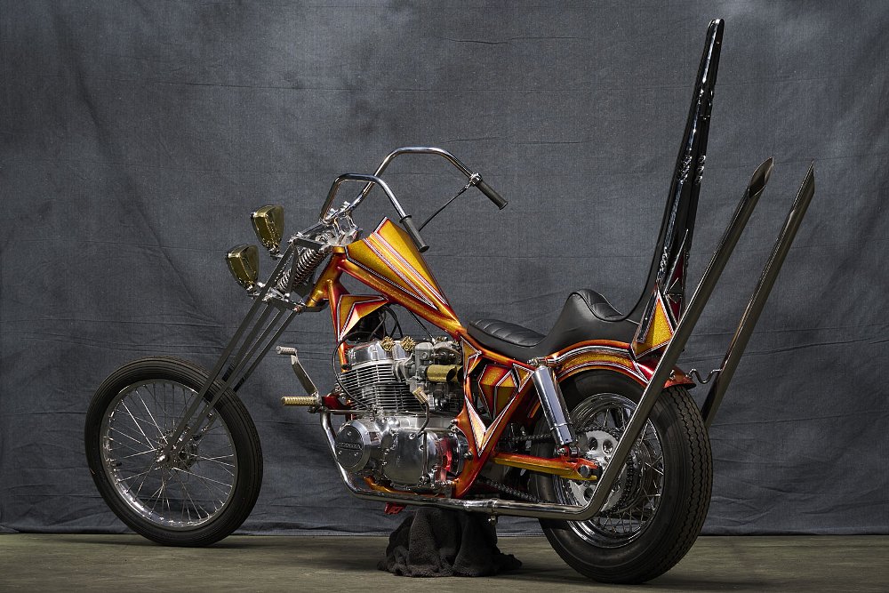 rear view of the motorcycle with extremely tall sissy bar