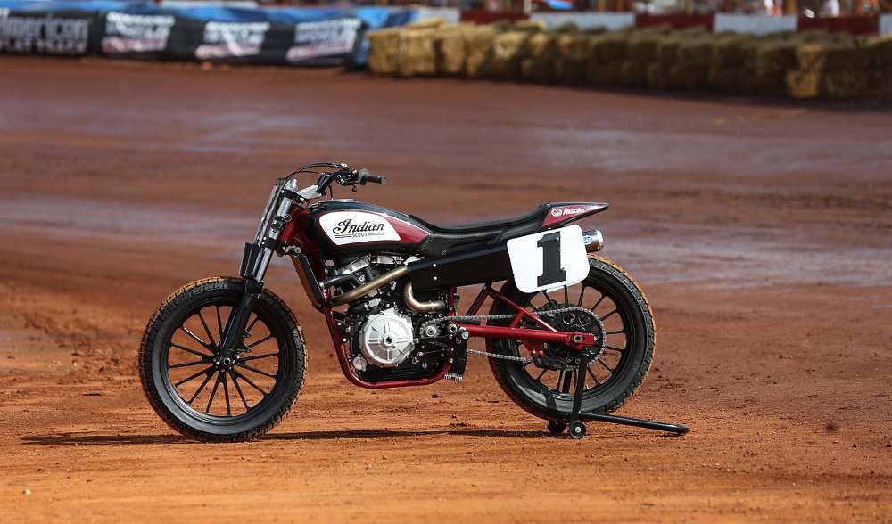 FTR750 poised on a dirt track