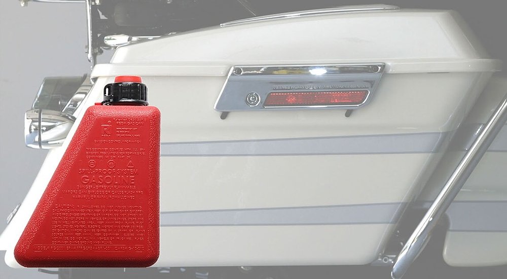 fuel can beside a Harley-Davidson saddlebag showing how it fits