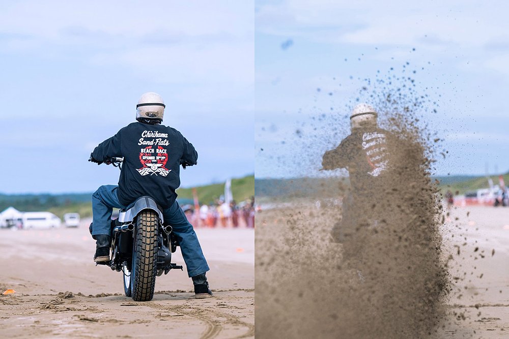rear view of the motorcycle about to take off in the drag race and another view of it throwing sand off its rear tire