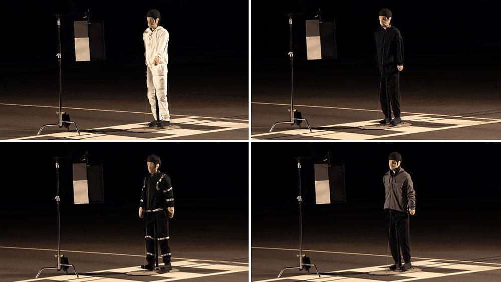 Four images of the pedestrian dummy dressed in four distinct outfits.