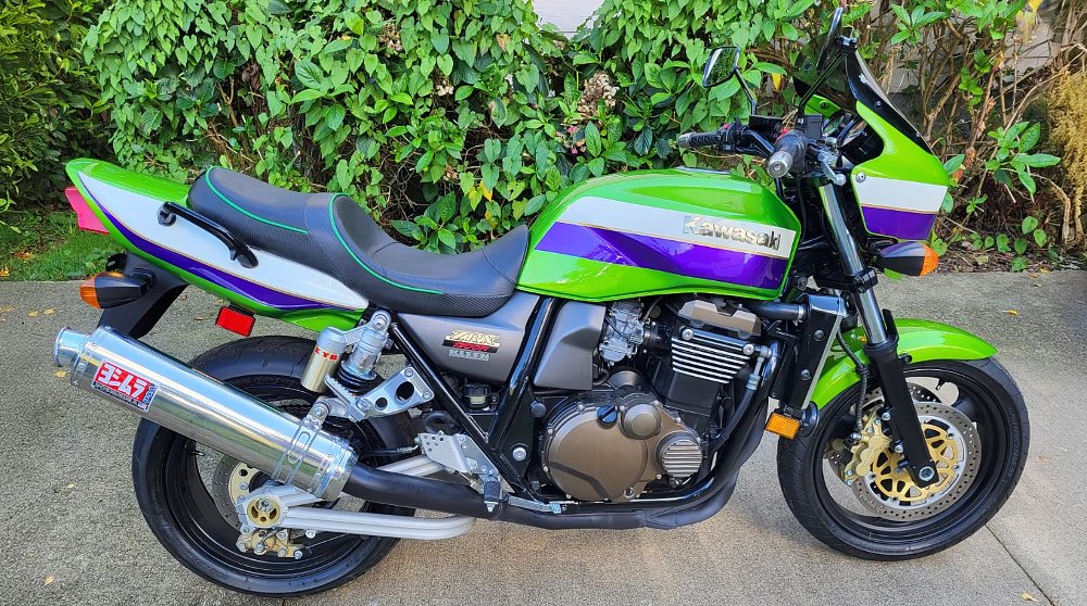 A ZRX1200R in Kawasaki green, blue, and white colors