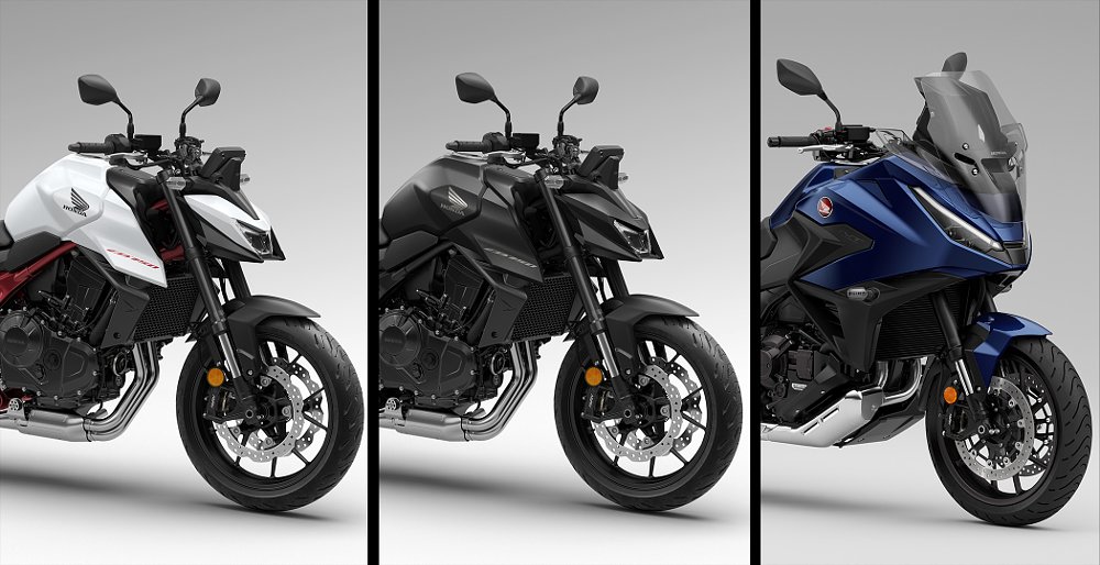 A three-panel picture of the Honda CB750 Hornet, CB1000 Hornet SP, and NT1100 DCT's front ends.