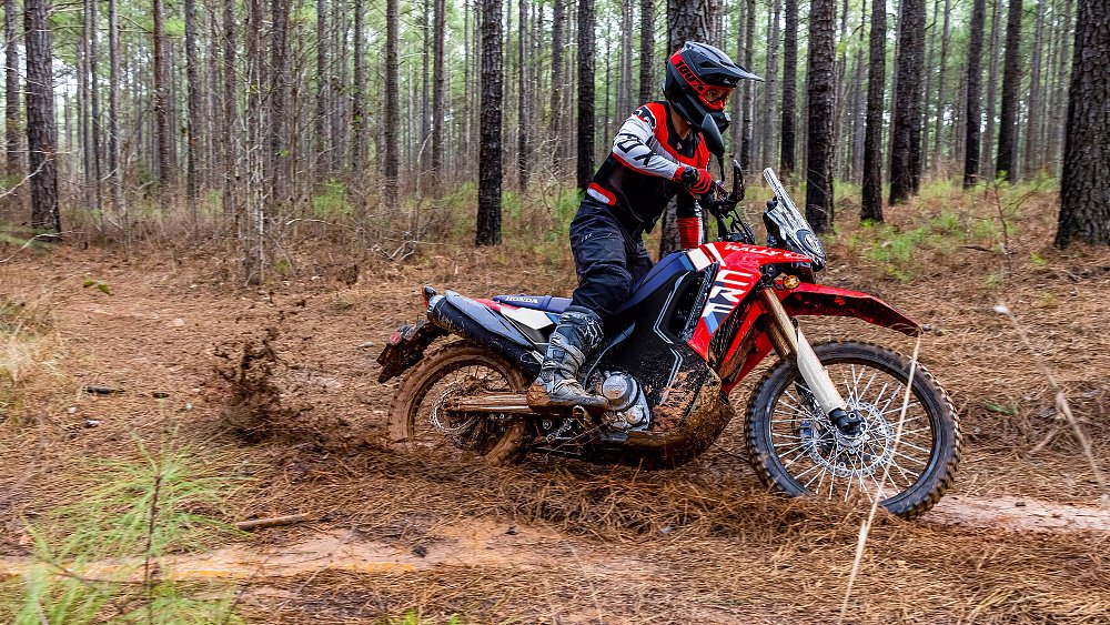 A rider kicks up dirt aboard the Honda CRF300L Rally.