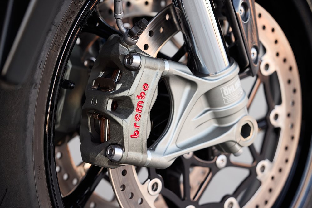 close shot of the Brembo front brake caliper