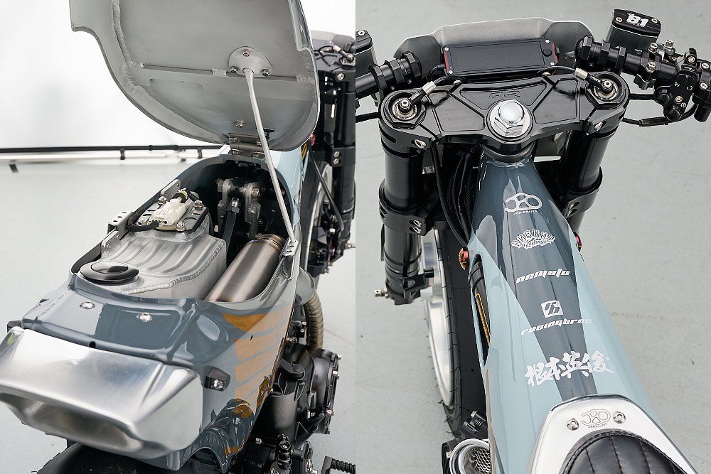 two views of the Dax, one under the seat and another from the rider's perspective