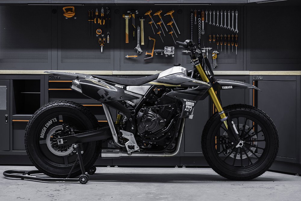 flat-track-styled custom with gray and silver bodywork