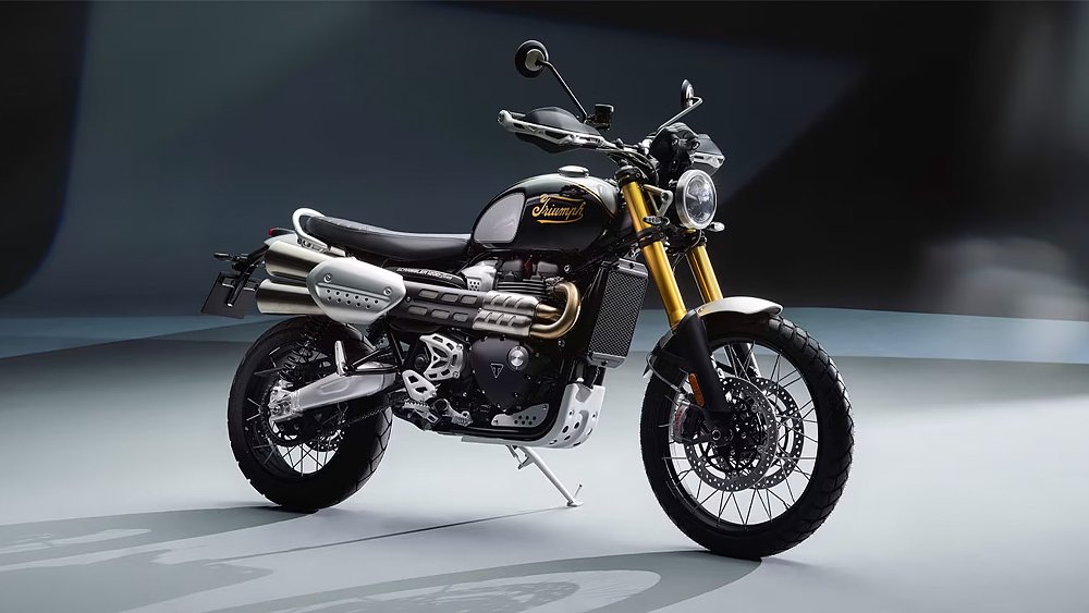 The limited-edition Triumph Scrambler 1200 XE Icon pictured in a studio.