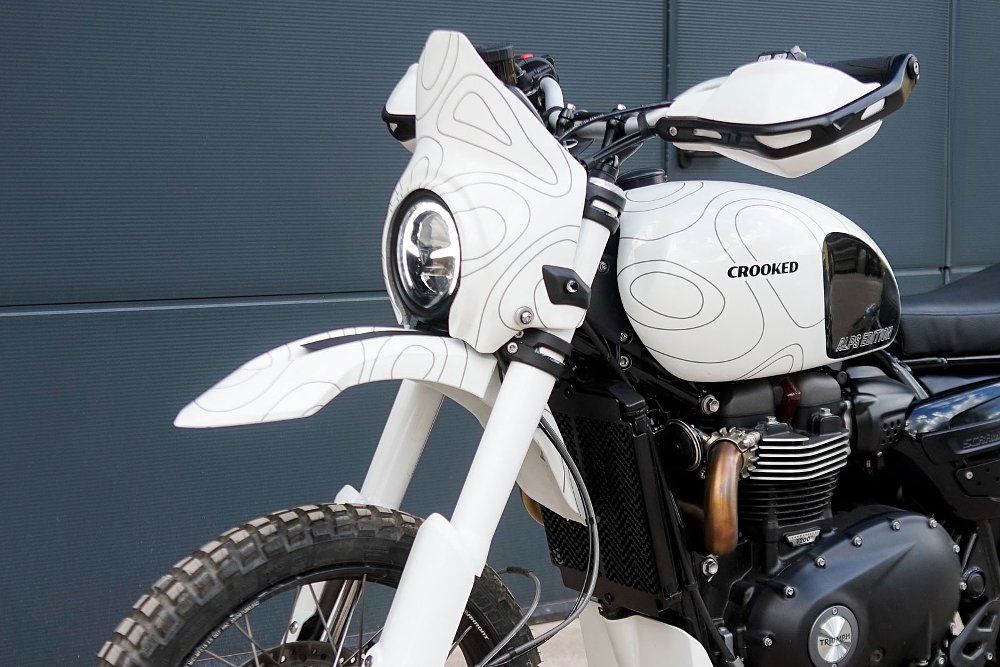 close view of the front of the motorcycle including the fender and headlight