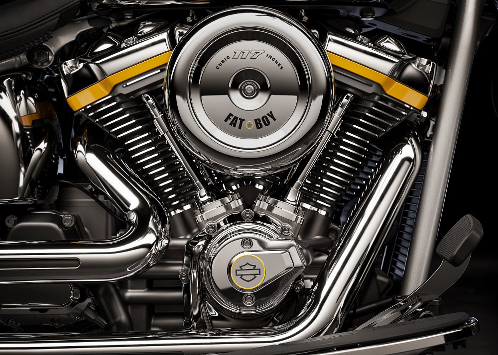 The Fat Boy Gray Ghost's 117 cubic-inch Milwaukee-Eight V-Twin captured up close.