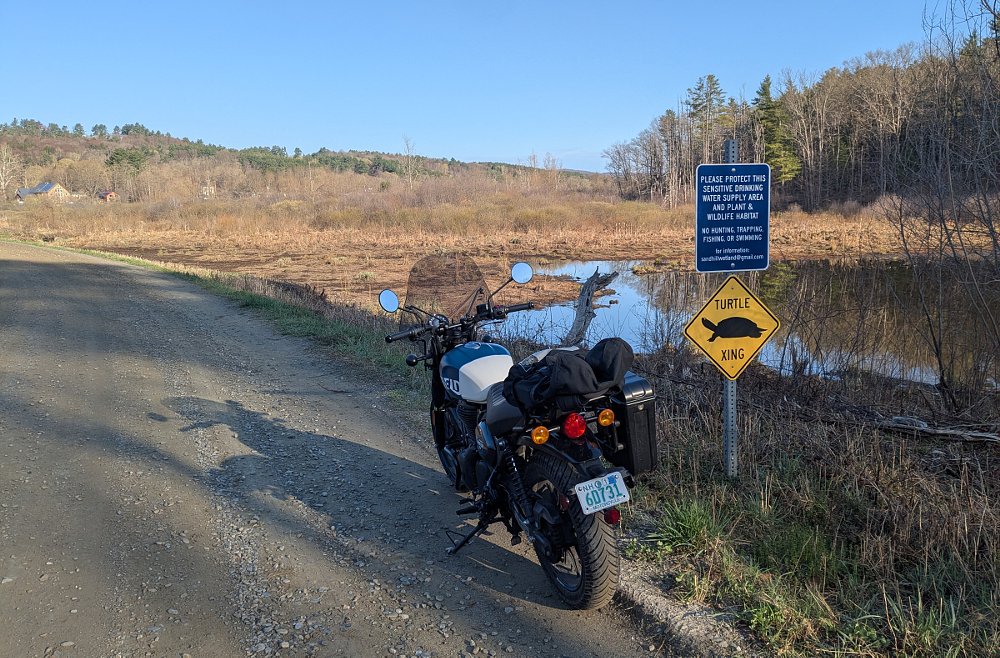 the Hunter 350 parked by a 'turtle crossing' sign