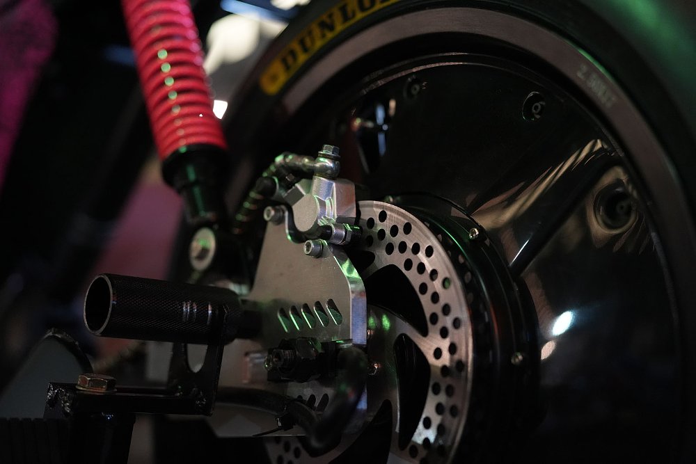 close detail shot of the brake on the rear wheel