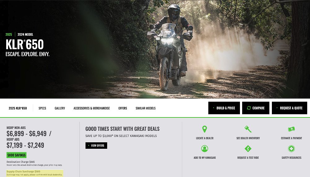 A screenshot of the KLR650's pricing as listed on the Kawasaki website.