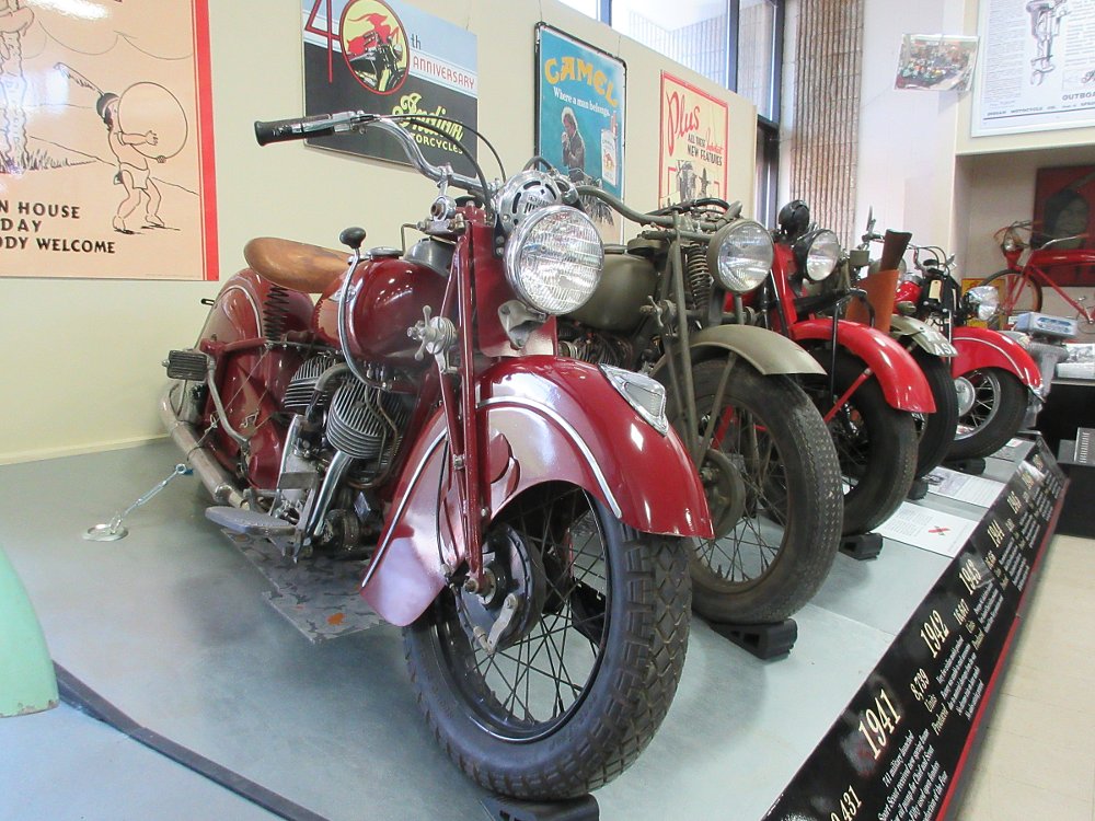 A view of the large front fender on a blue 1940 Indian