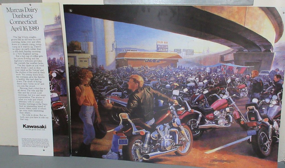 Image of an advertisement from 1989 showing an illustration of a gathering of motorcyclists at Marcus Dairy in Connecticut