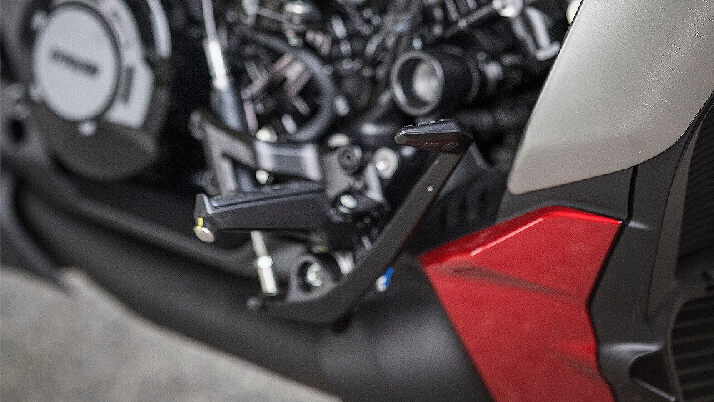 A close-up of the XDiavel's adjustable footpegs.