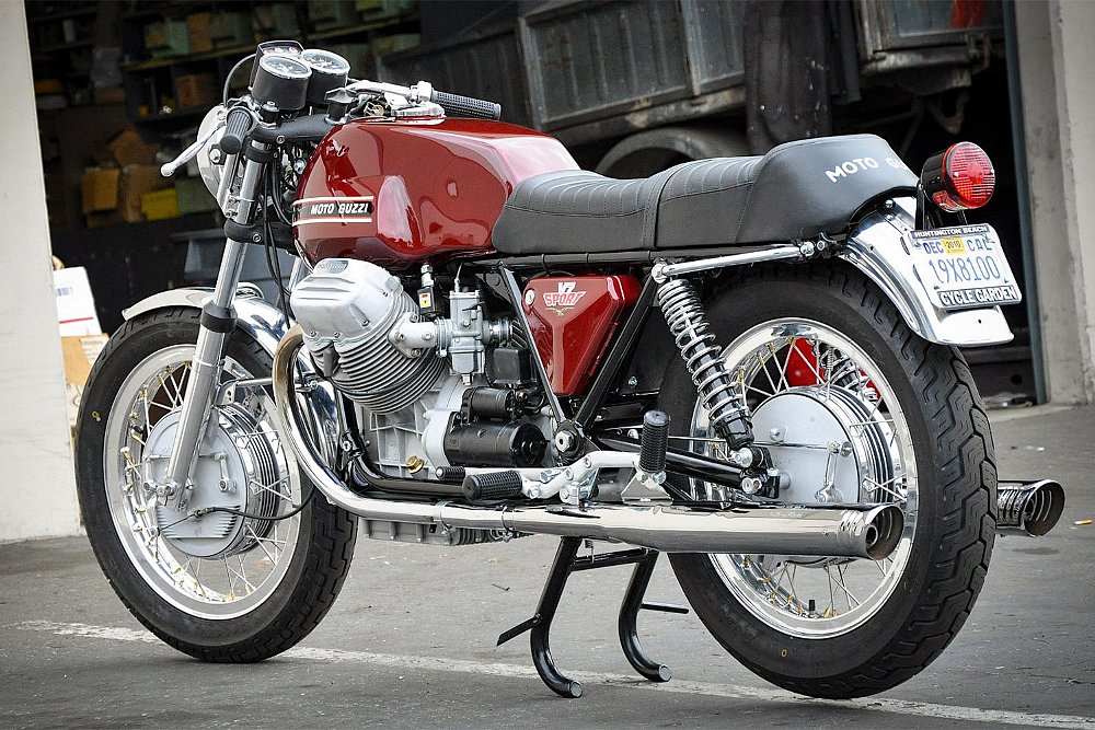 A left rear view of Ewan McGregor's Moto Guzzi V7 Sport.