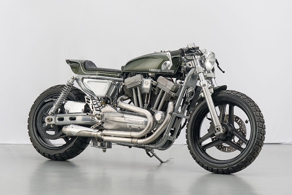 silver Harley-Davidson XR1200 custom build in a cafe racer style