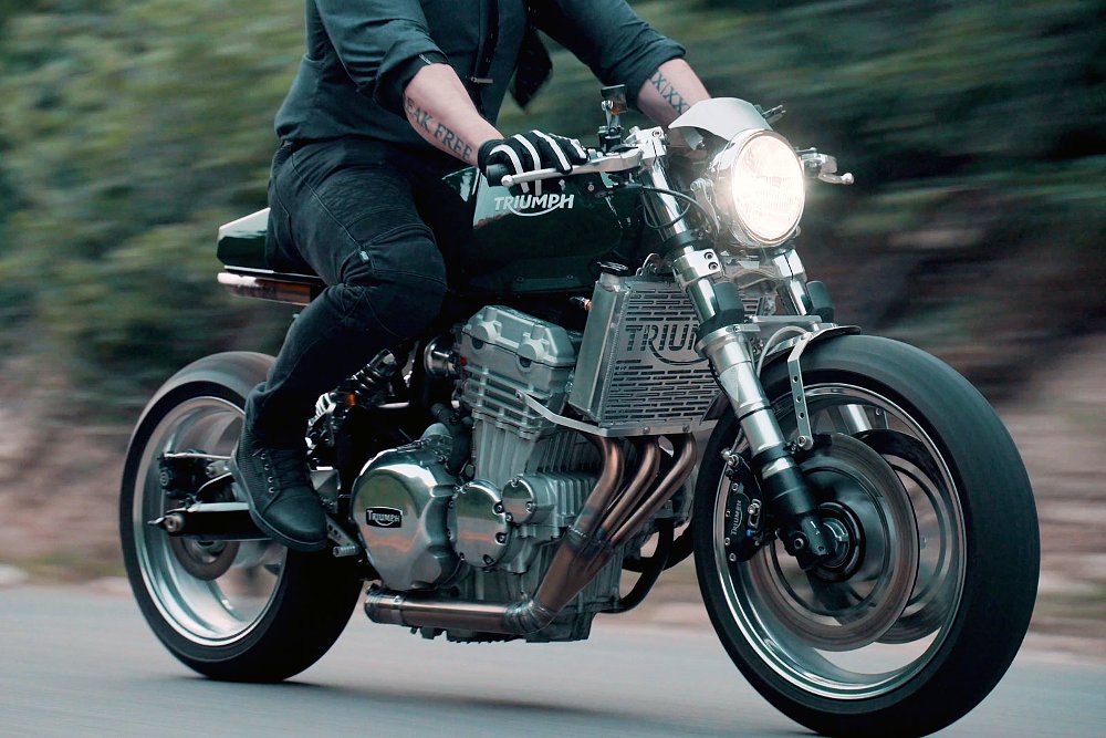 rider on the custom Triumph on the road