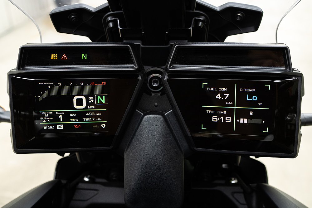A close-up of the Yamaha Tracer 9 GT's dual-panel display.