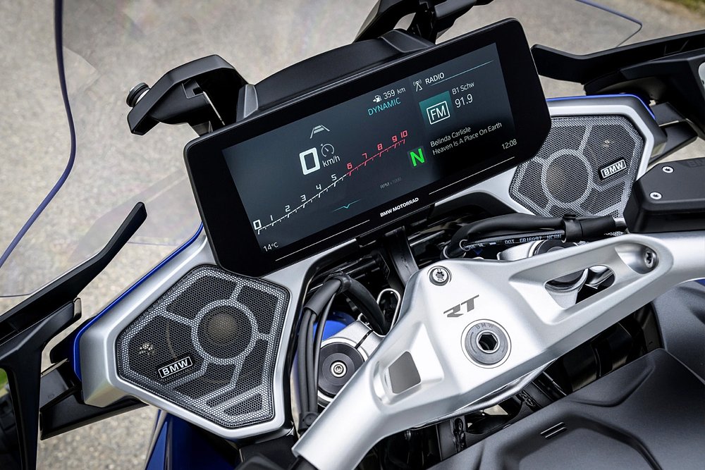 A top-down shot of the BMW R 1300 RT's 10.25-inch TFT display.