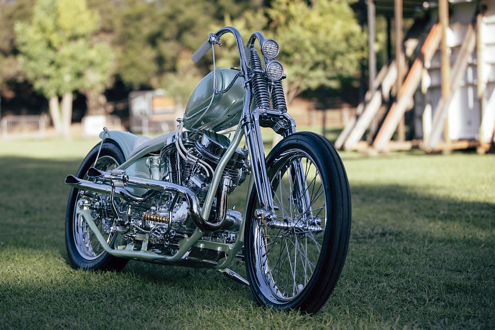 front three quarters view of the chopper with springer front end and narrow handlebar