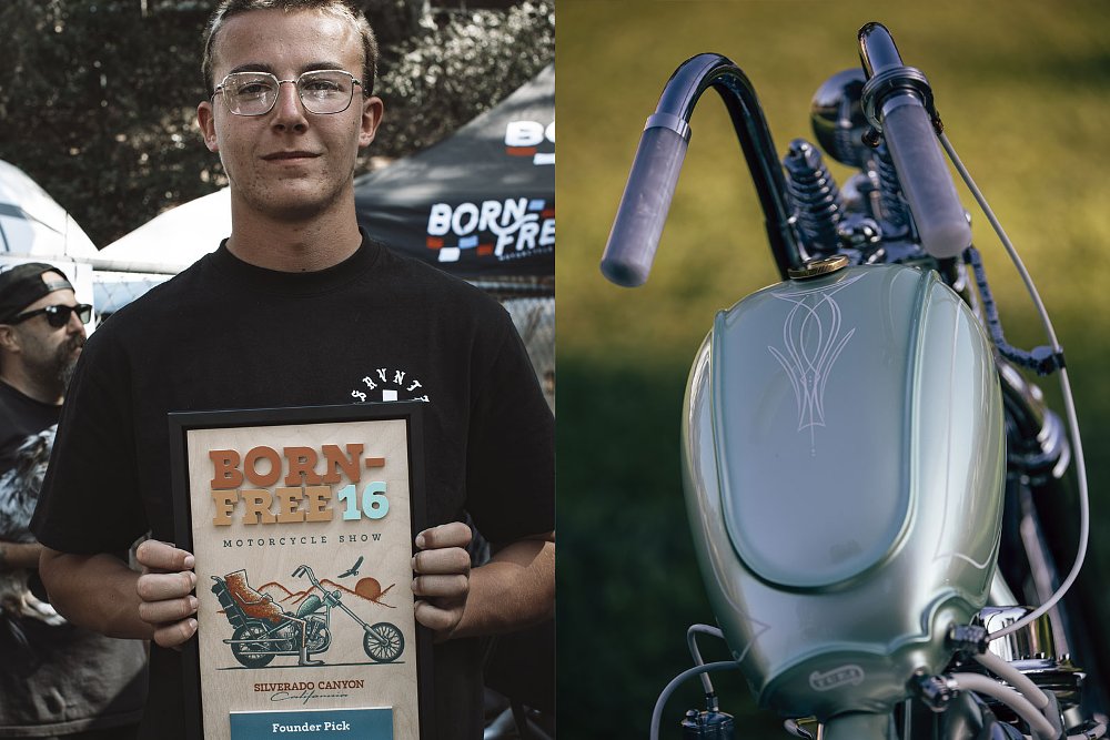 view of teen holding his award plaque and a view of detail on the fuel tank of the chopper