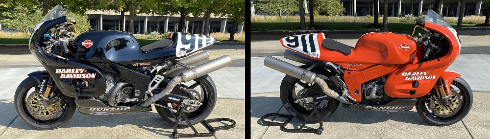 two side views of the VR1000 race bike, one side black, the other orange