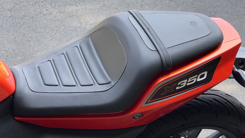 A close-up of the Harley-Davidson X350's seat.