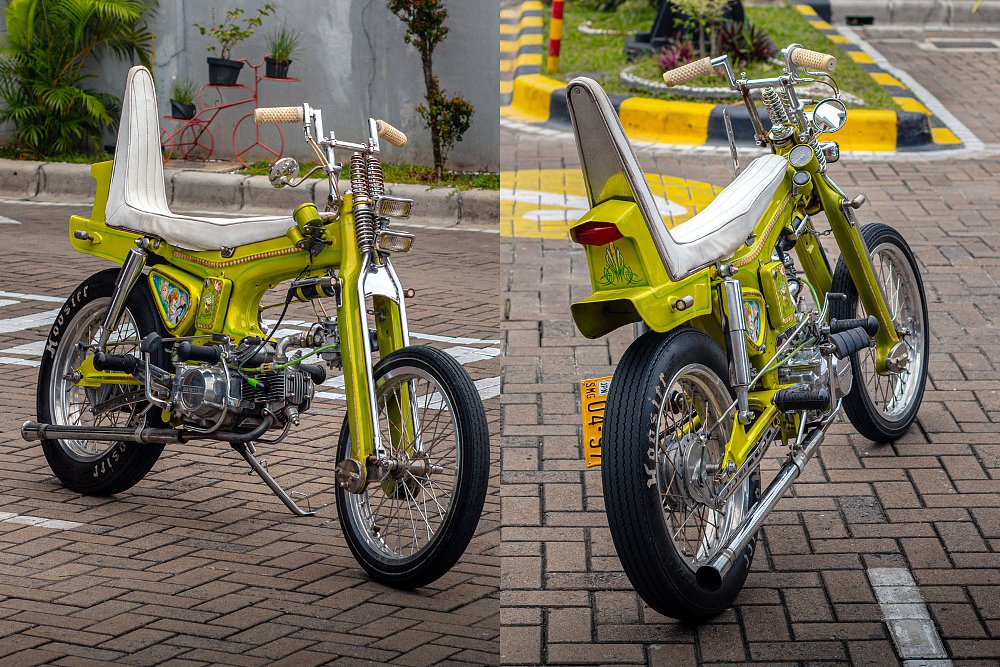 front and rear angle views of the yellow Choppy Cub custom with white seat