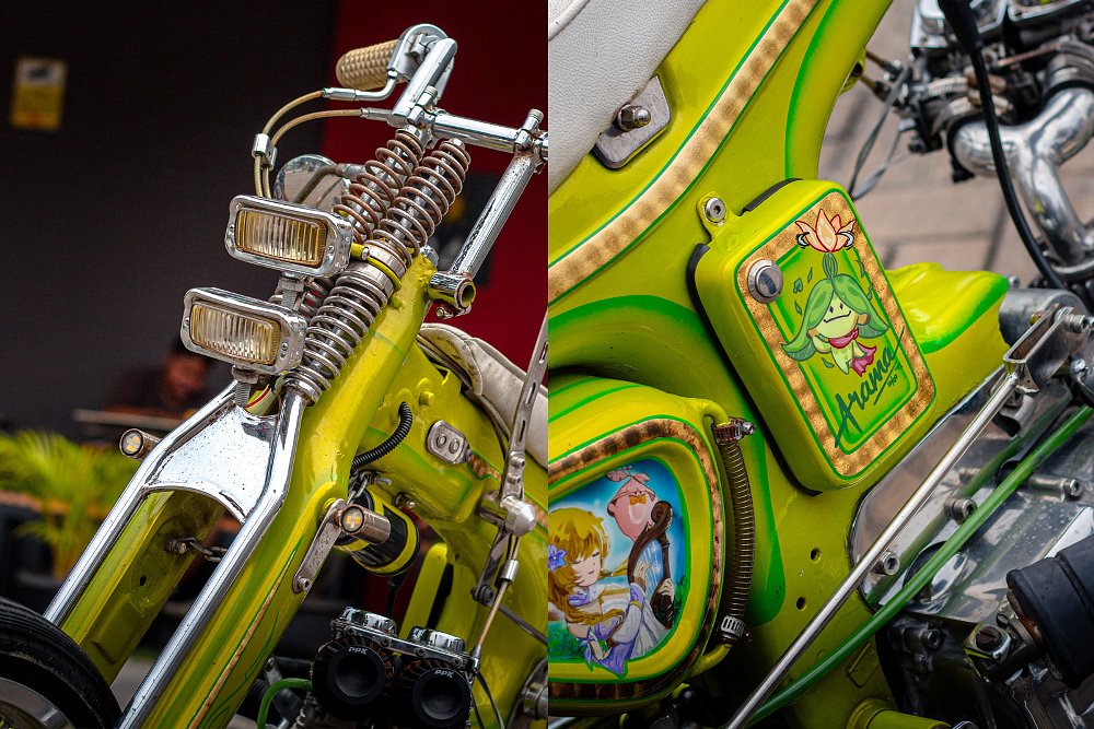 close shots of the springer suspension and cartoon-style images in the paint on the bodywork