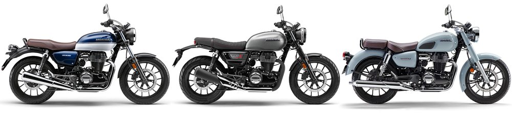 The GB350, GB350S, and GB350C lined up against a white background.