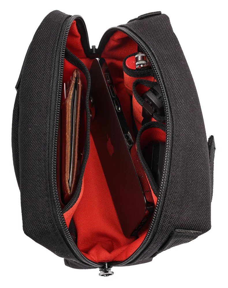 black bag with red lining for mounting on a handlebar