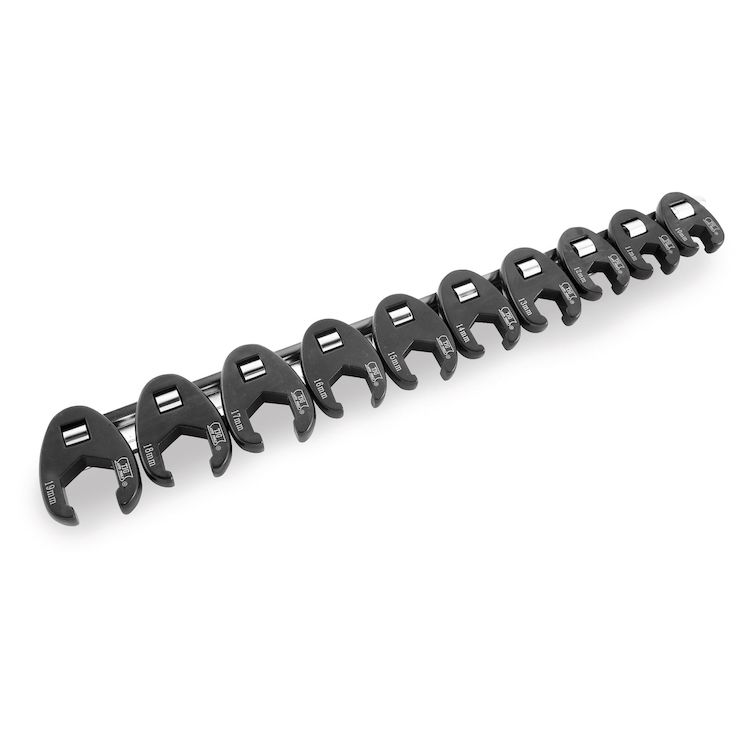 BikeMaster 10-Piece 3/8" Drive Metric Flare Crow Foot Wrench Set On Rail